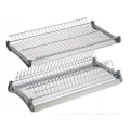 Aluminum dish drain storage rack above kitchen sink